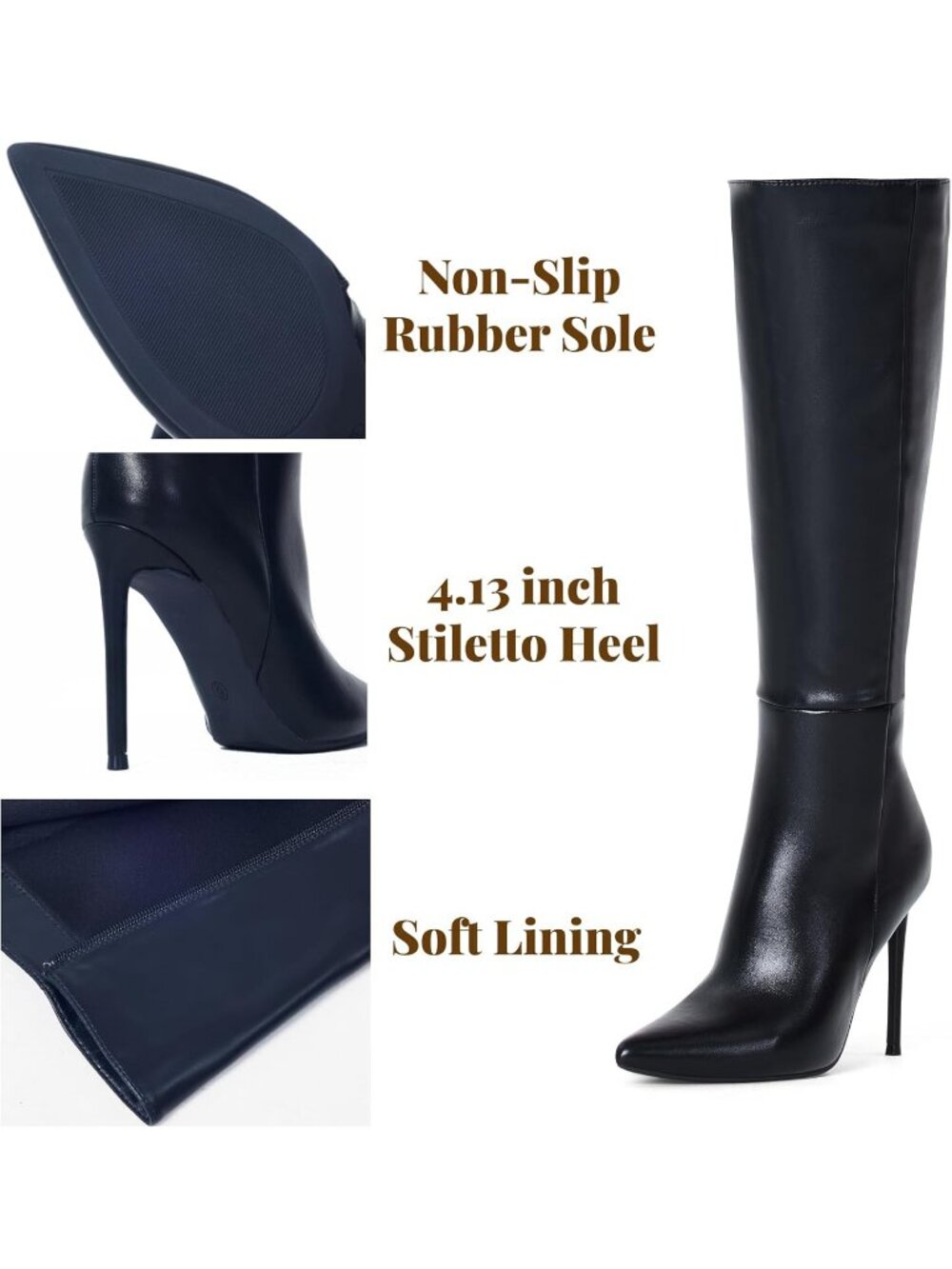 Women's Black Synthetic Rubber Stretch Suede Long Pointed Toe Over the Knee Boot - Picture 4 of 6